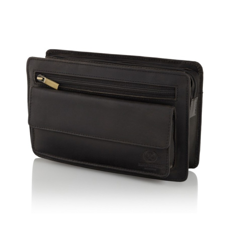 Čierna pánska kožená príručná taška na zips.