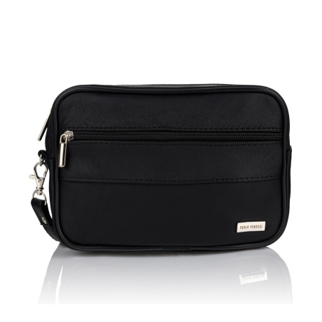 Pánska čierna kožená príručná taška na zips, s remienkom