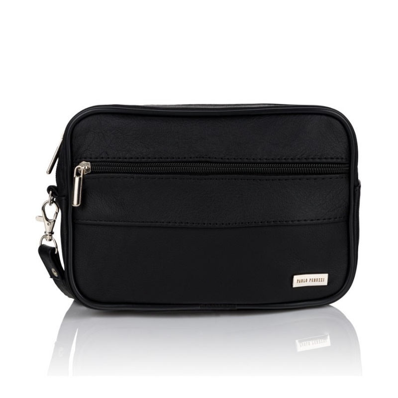 Pánska čierna kožená príručná taška na zips, s remienkom