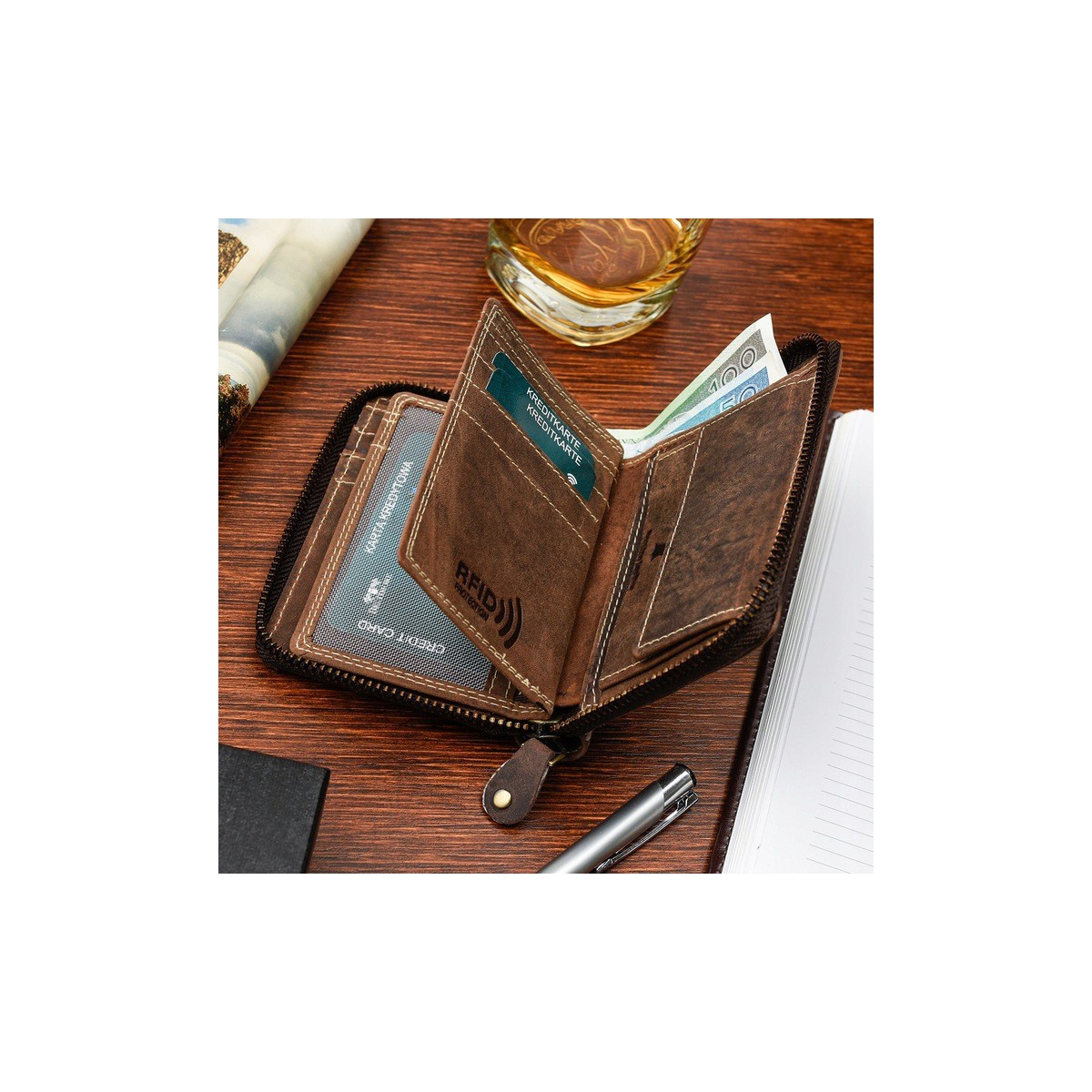 Pánska kožená hnedá peňaženka na zips DIRK