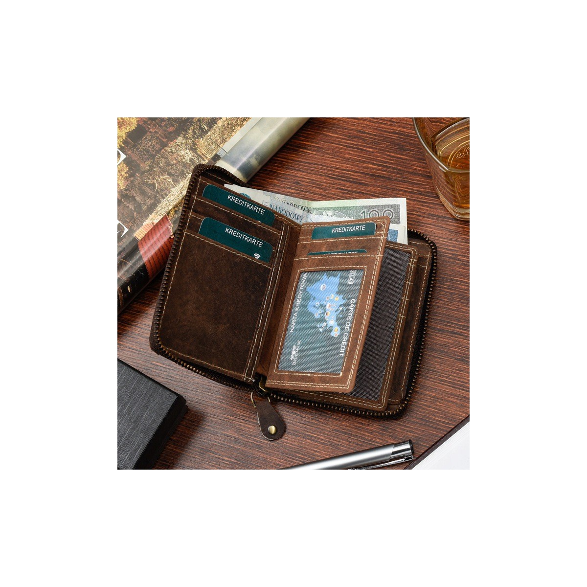 Pánska kožená hnedá peňaženka na zips DIRK