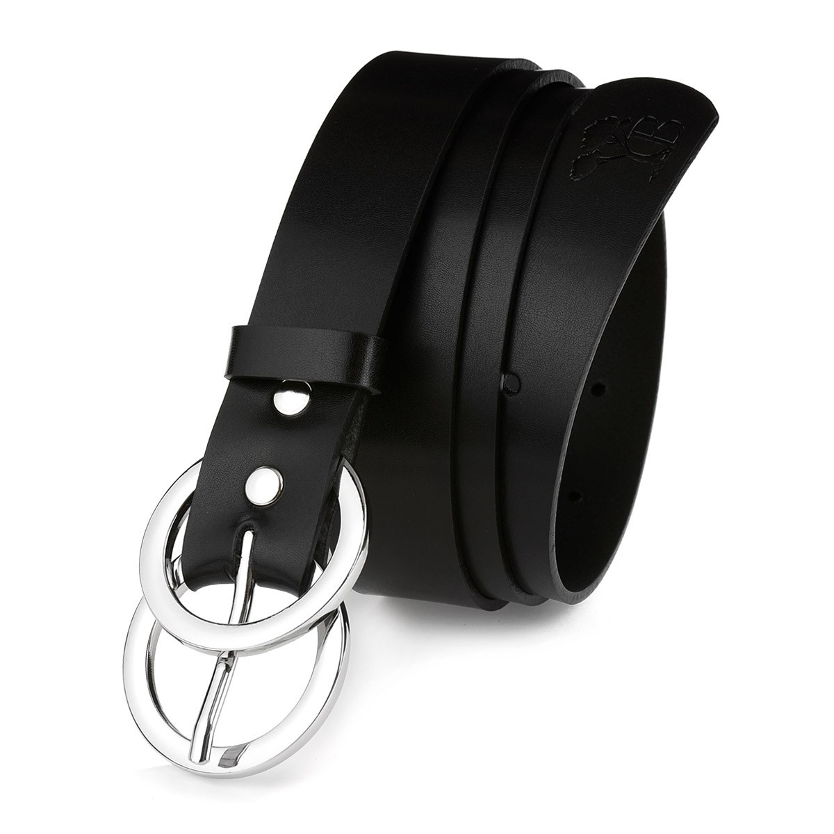 Dámsky čierny kožený opasok so striebornou prackou DOUBLE