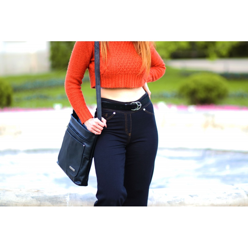 Dámsky čierny kožený opasok so striebornou prackou DOUBLE