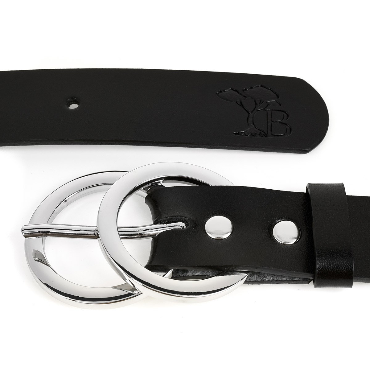 Dámsky čierny kožený opasok so striebornou prackou DOUBLE