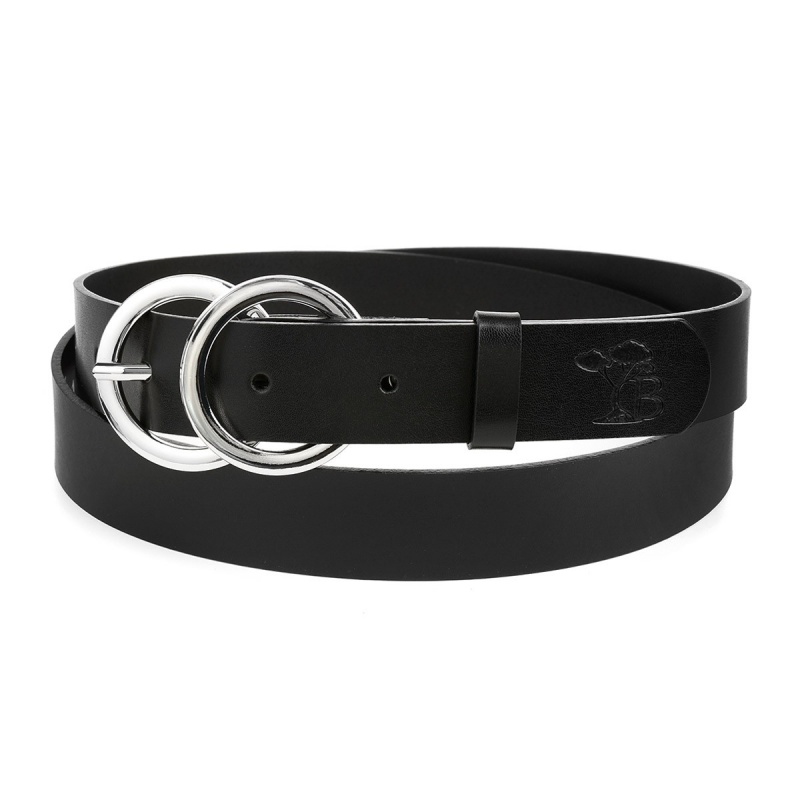 Dámsky čierny kožený opasok so striebornou prackou DOUBLE
