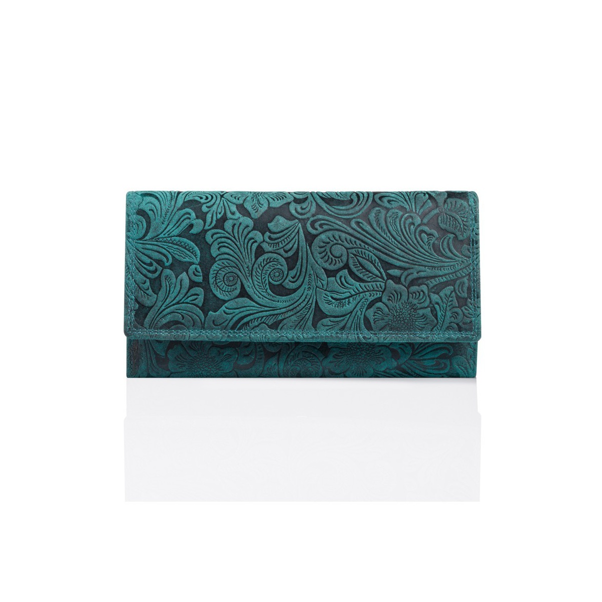 Dámska kožená zelená peňaženka na patent, s kvetinovým vzorom.