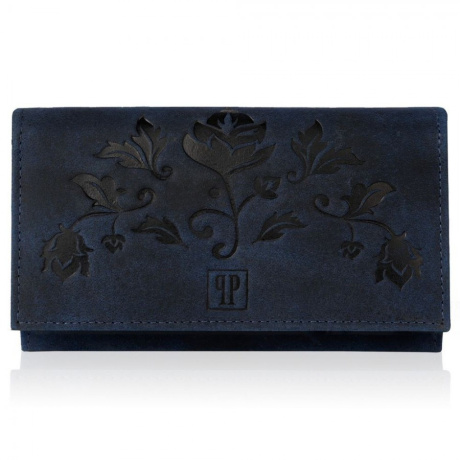 Dámska kožená tmavomodrá vintage veľká peňaženka na patent