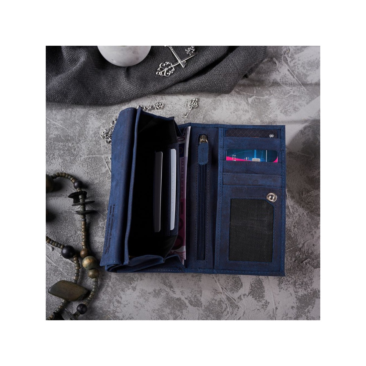 Dámska kožená tmavomodrá vintage peňaženka CALYSTA