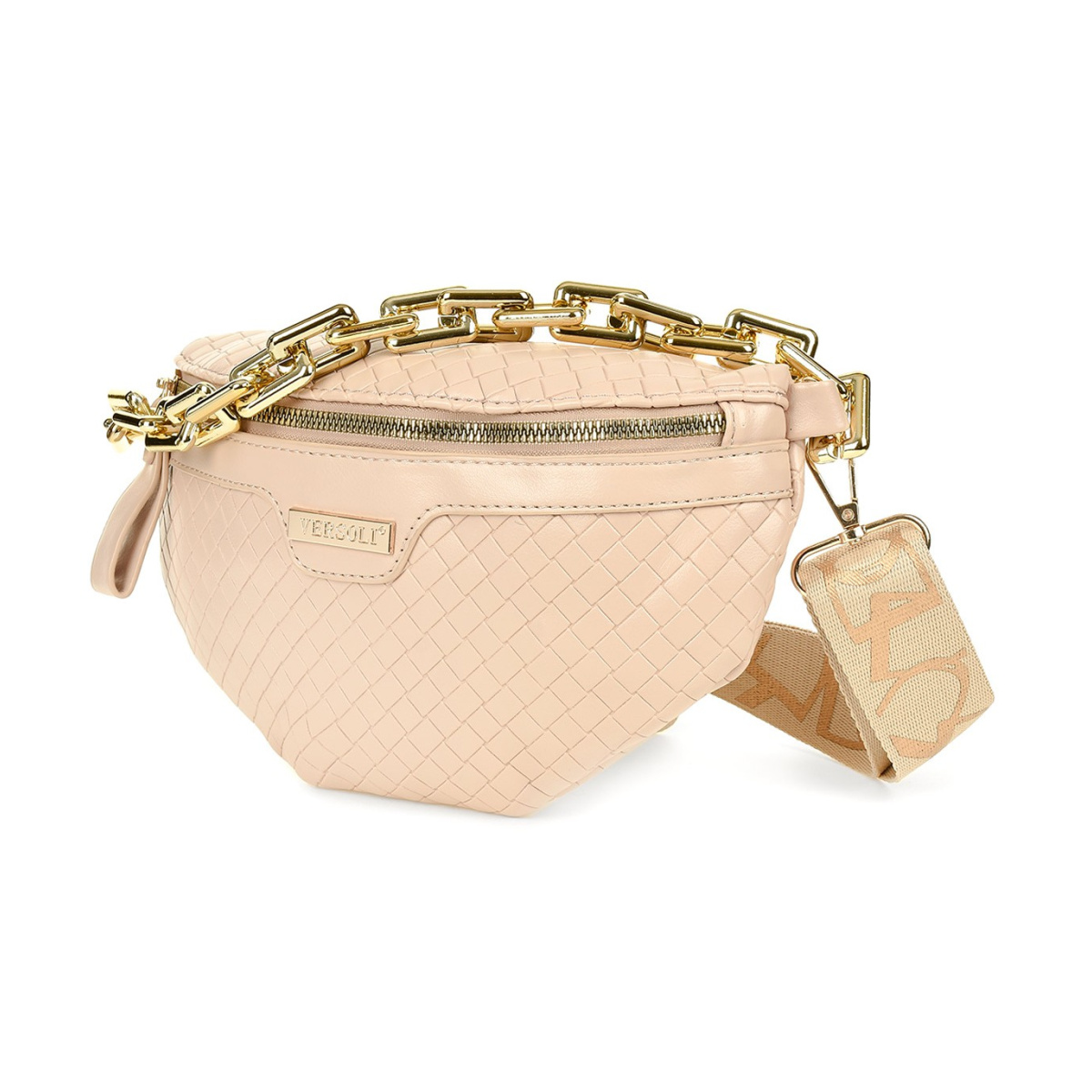 Béžová crossbody kabelka Versoli s pleteným vzorom a zlatou retiazkou