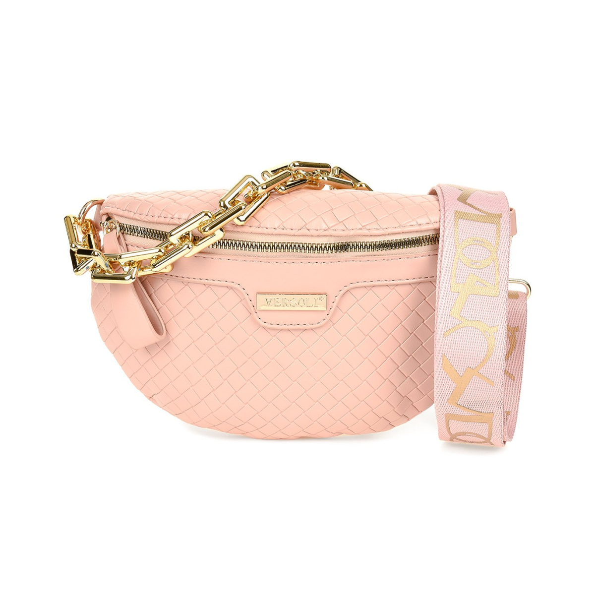 Ružová crossbody kabelka Versoli s pleteným vzorom a zlatou retiazkou