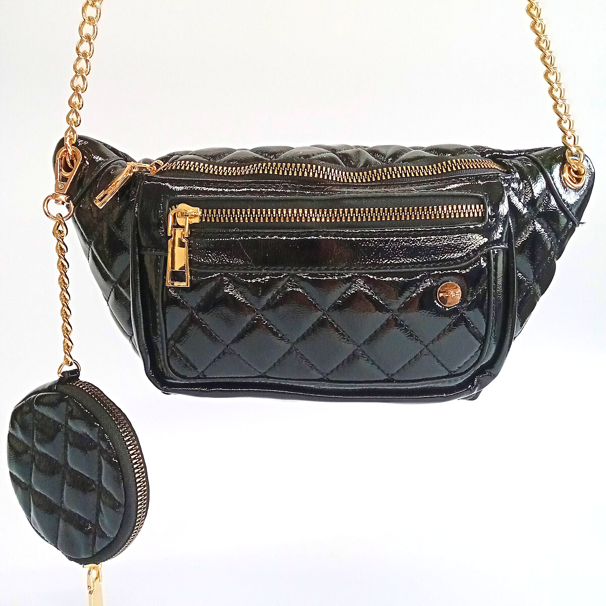 ierna lesklá prešívaná crossbody kabelka Filippo so zapínaním na zips