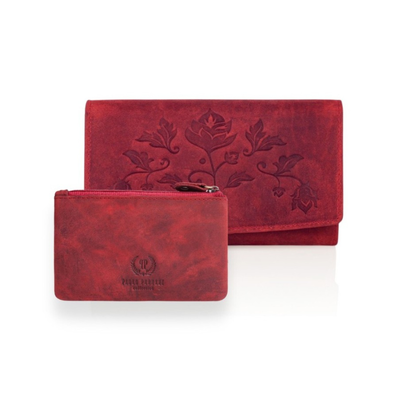 Sada dámska červená vintage kožená peňaženka s kvetinovým motívom a kožené červené vintage puzdro na kľúče Paolo Peruzzi