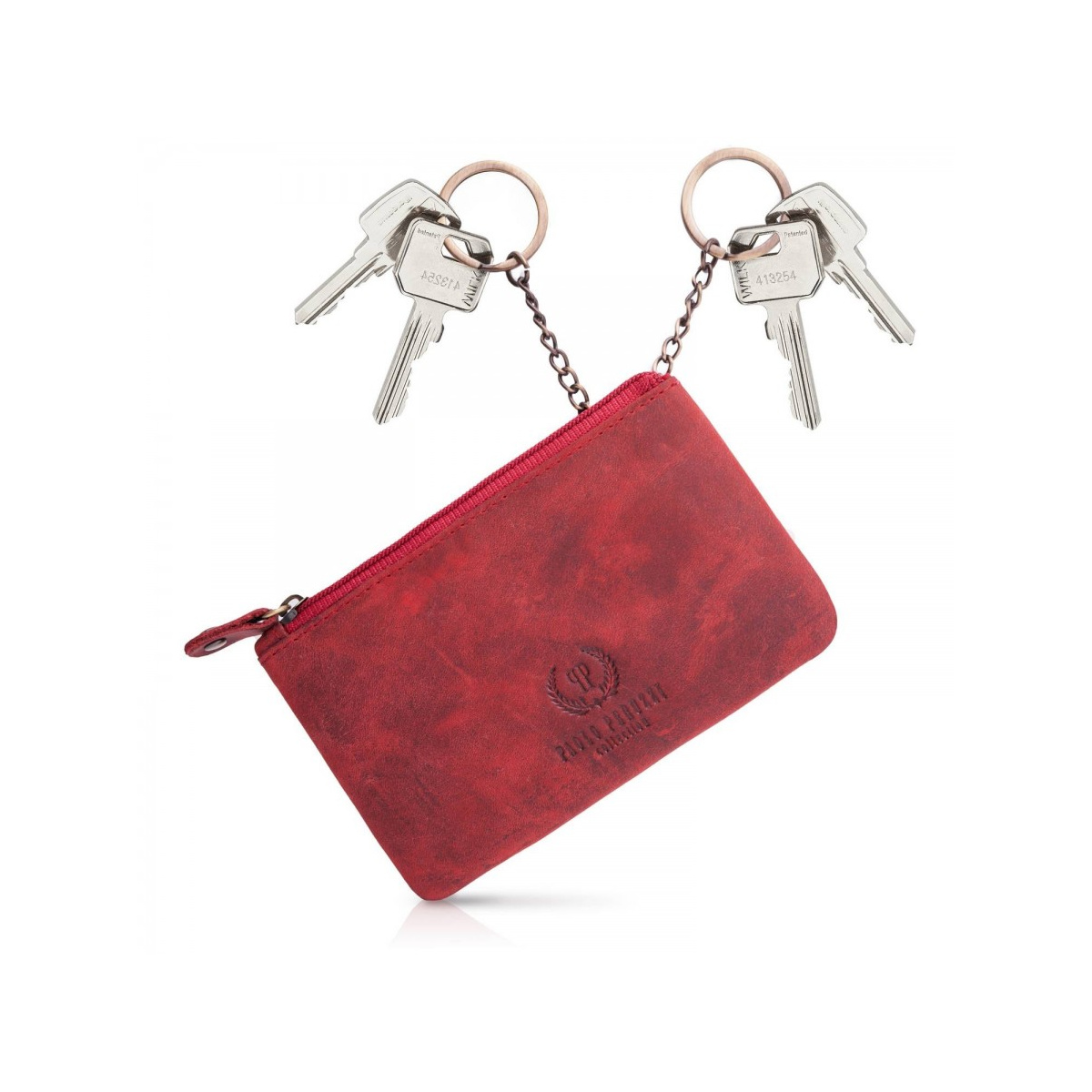 Sada dámska červená vintage kožená peňaženka s kvetinovým motívom a kožené červené vintage puzdro na kľúče Paolo Peruzzi