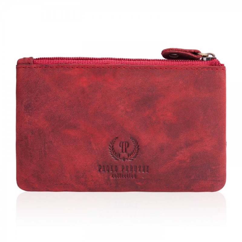 Sada dámska červená vintage kožená peňaženka s kvetinovým motívom a kožené červené vintage puzdro na kľúče Paolo Peruzzi