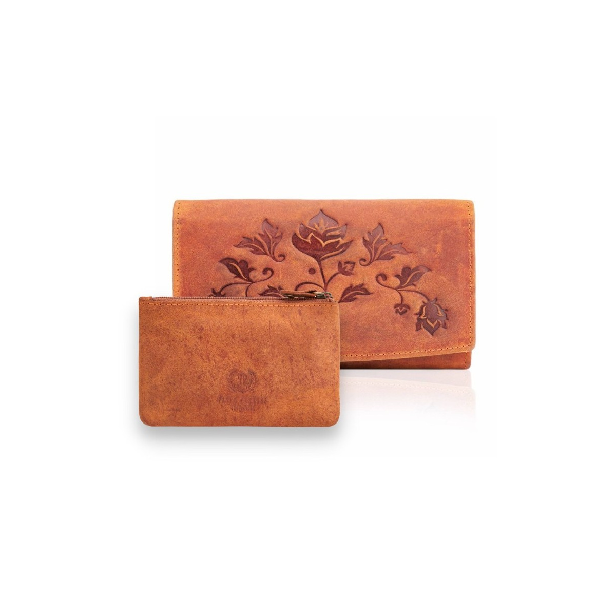 Sada pre ženy - kožená oranžová vintage dámska peňaženka a kožené oranžové vintage puzdro na kľúče Paolo Peruzzi