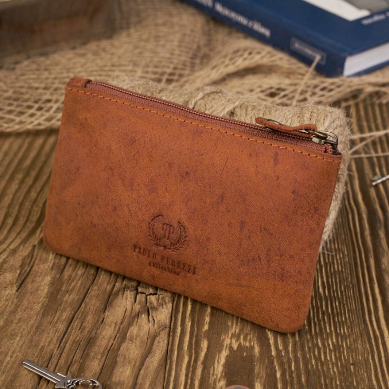 Sada pre ženy - kožená oranžová vintage dámska peňaženka a kožené oranžové vintage puzdro na kľúče Paolo Peruzzi