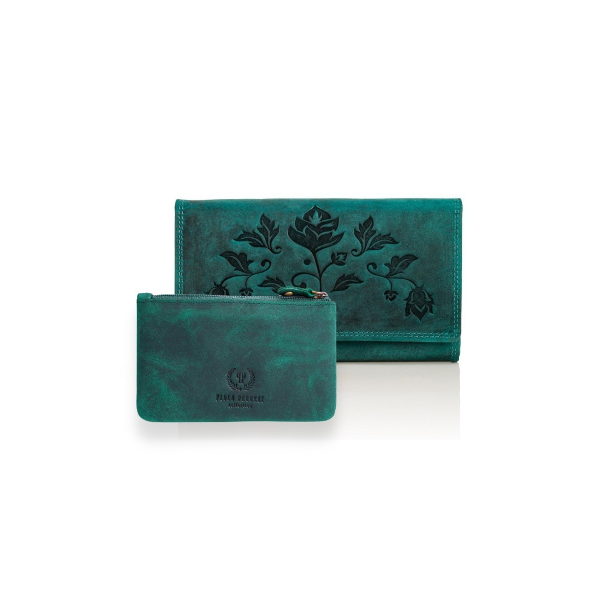 Sada pre ženy - kožená zelená vintage dámska peňaženka a kožené zelené vintage puzdro na kľúče Paolo Peruzzi