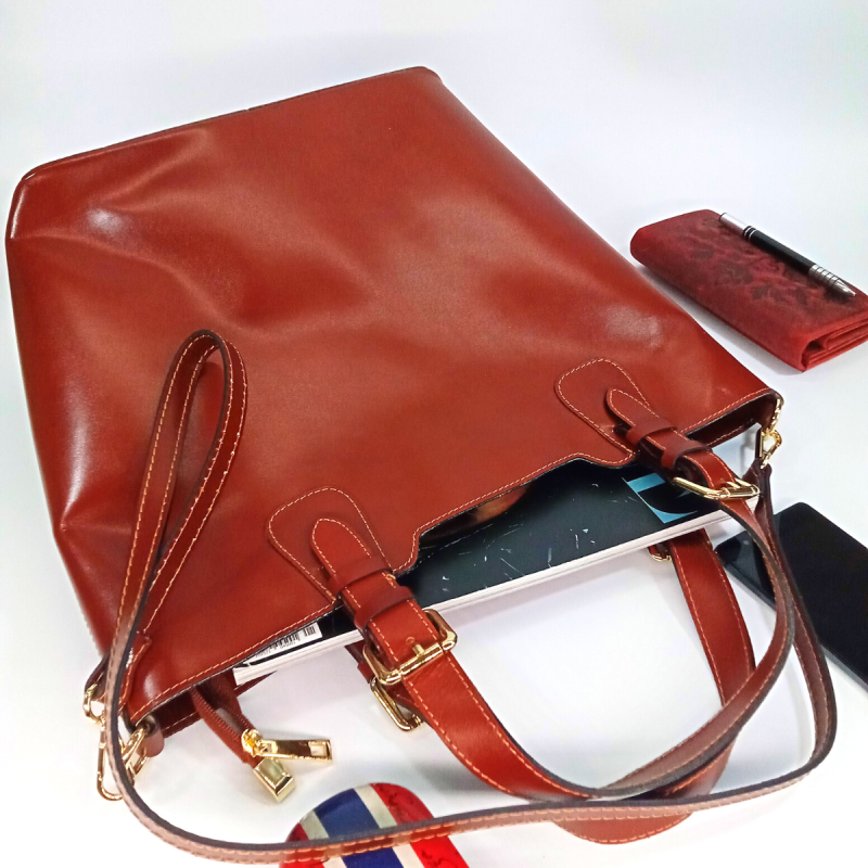 Koňaková kožená dámska kabelka na rameno Florence "LILIANA" so zapínaním na zips