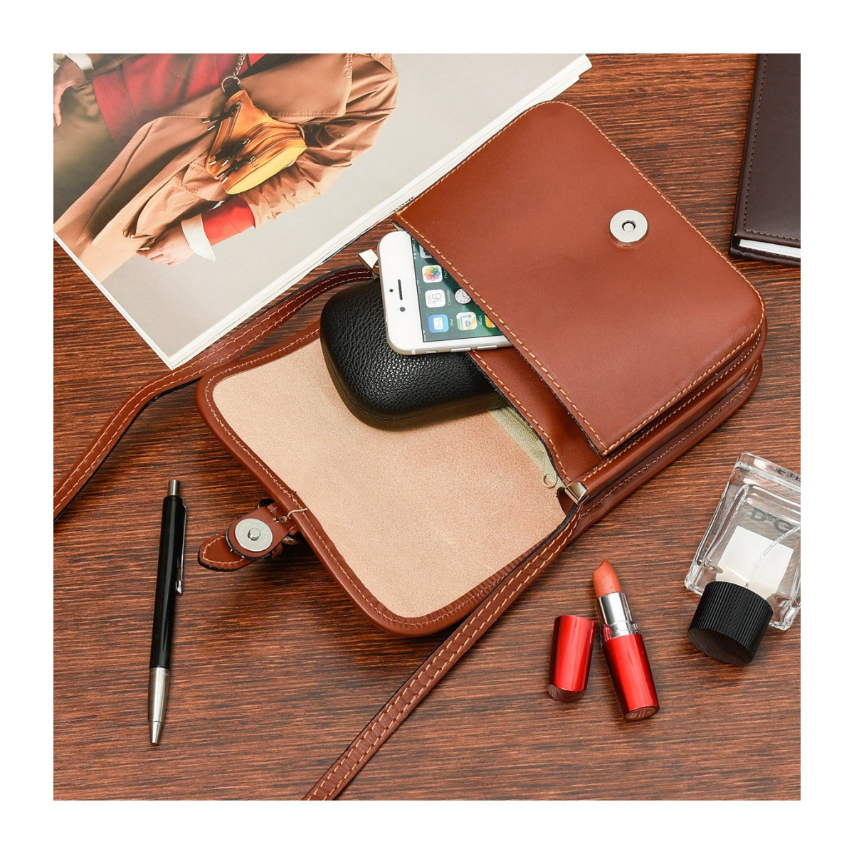 Kožená dámska koňaková crossbody kabelka Beltimore "GEMMA"