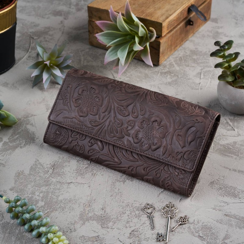 Kožená veľká hnedá dámska peňaženka Paolo Peruzzi VINTAGE FLOWERS