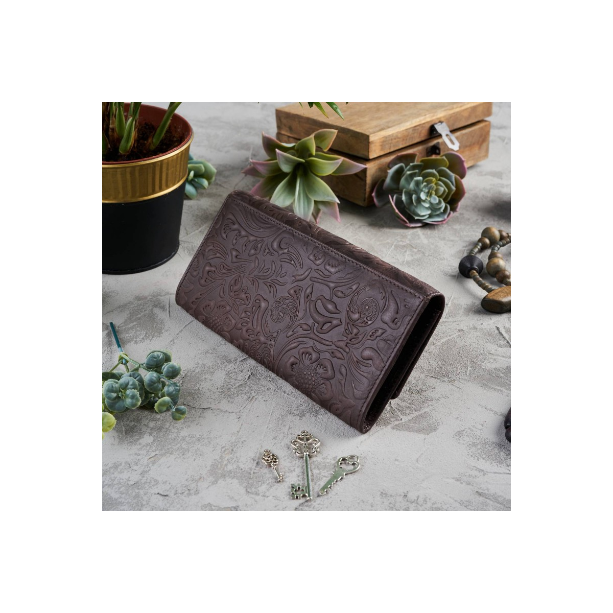 Kožená veľká hnedá dámska peňaženka Paolo Peruzzi VINTAGE FLOWERS