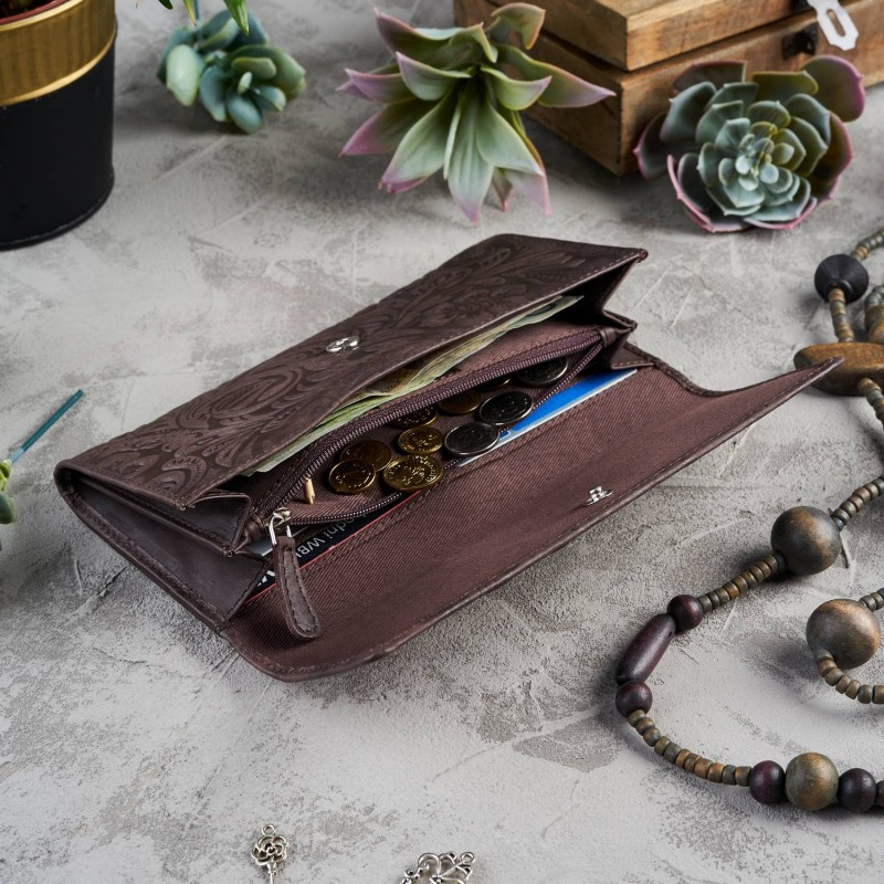 Kožená veľká hnedá dámska peňaženka Paolo Peruzzi VINTAGE FLOWERS