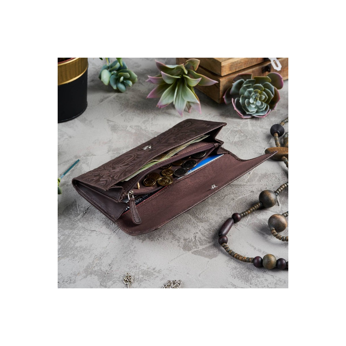 Kožená veľká hnedá dámska peňaženka Paolo Peruzzi VINTAGE FLOWERS