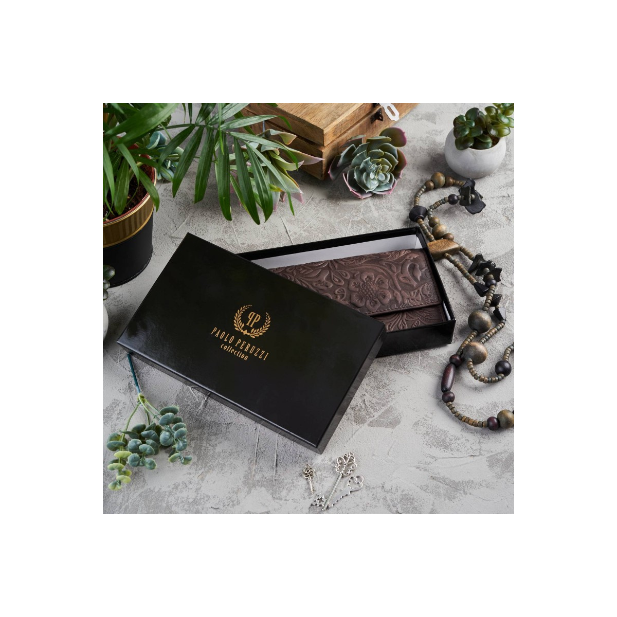 Kožená veľká hnedá dámska peňaženka Paolo Peruzzi VINTAGE FLOWERS