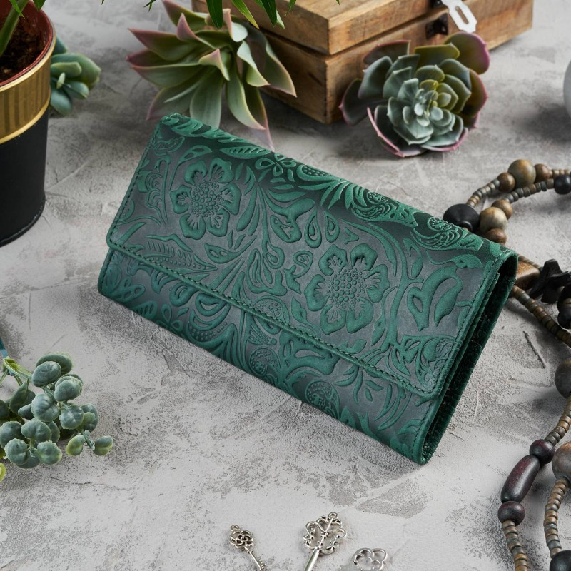 Kožená veľká zelená dámska peňaženka Paolo Peruzzi VINTAGE FLOWERS