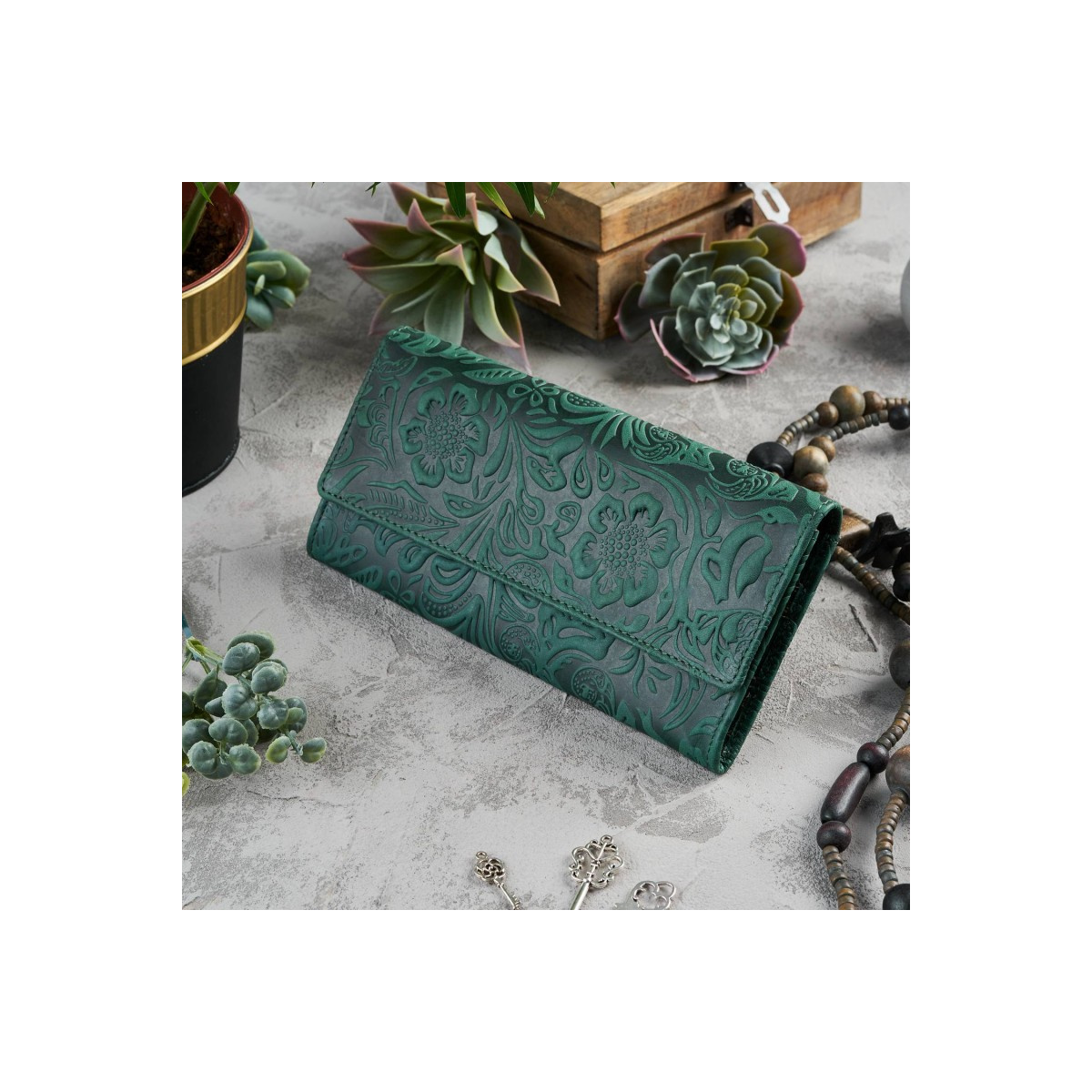 Kožená veľká zelená dámska peňaženka Paolo Peruzzi VINTAGE FLOWERS