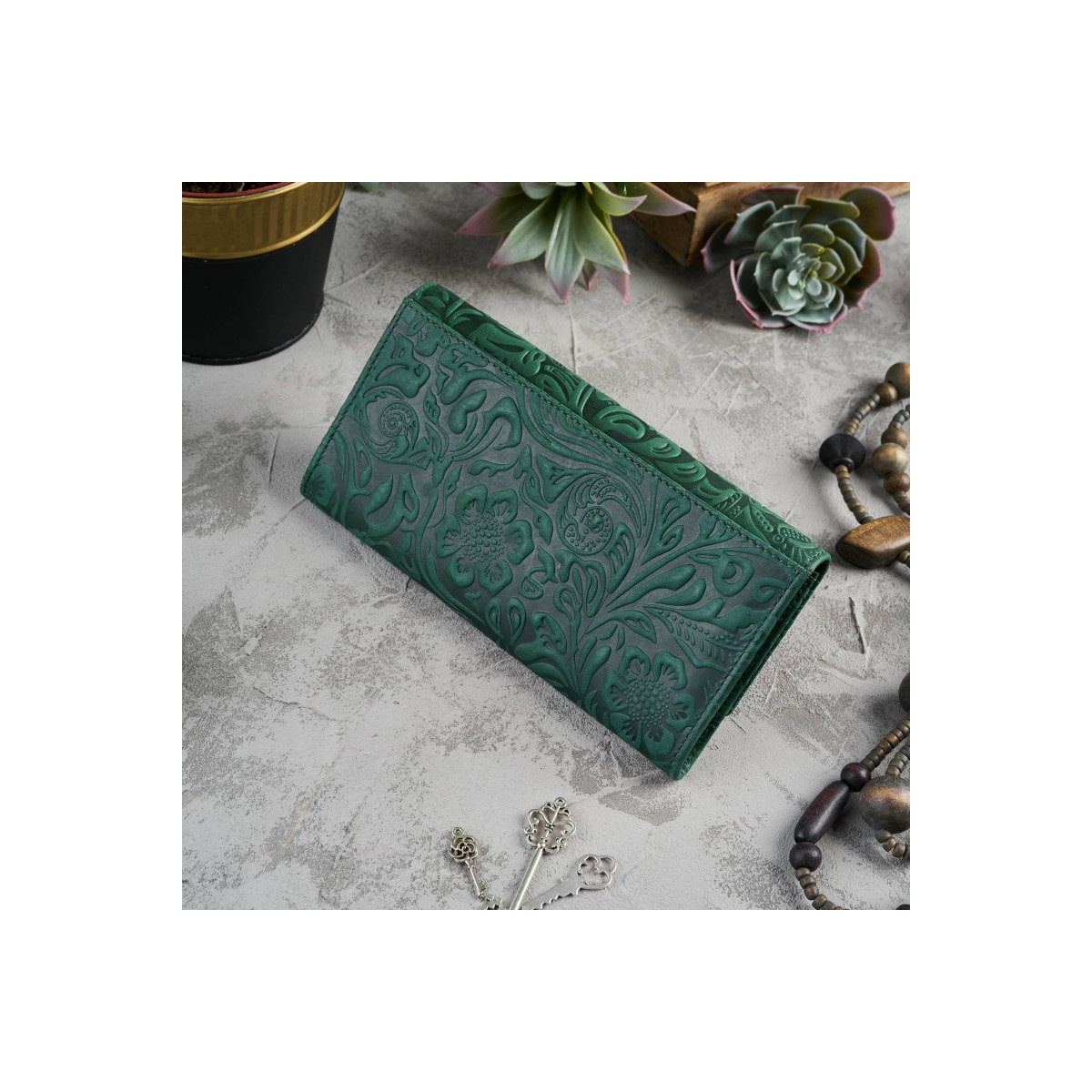 Kožená veľká zelená dámska peňaženka Paolo Peruzzi VINTAGE FLOWERS