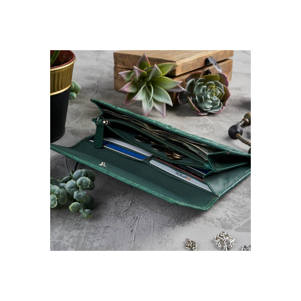 Kožená veľká zelená dámska peňaženka Paolo Peruzzi VINTAGE FLOWERS