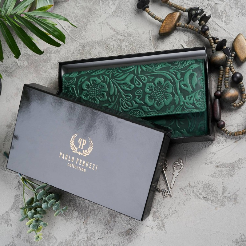 Kožená veľká zelená dámska peňaženka Paolo Peruzzi VINTAGE FLOWERS