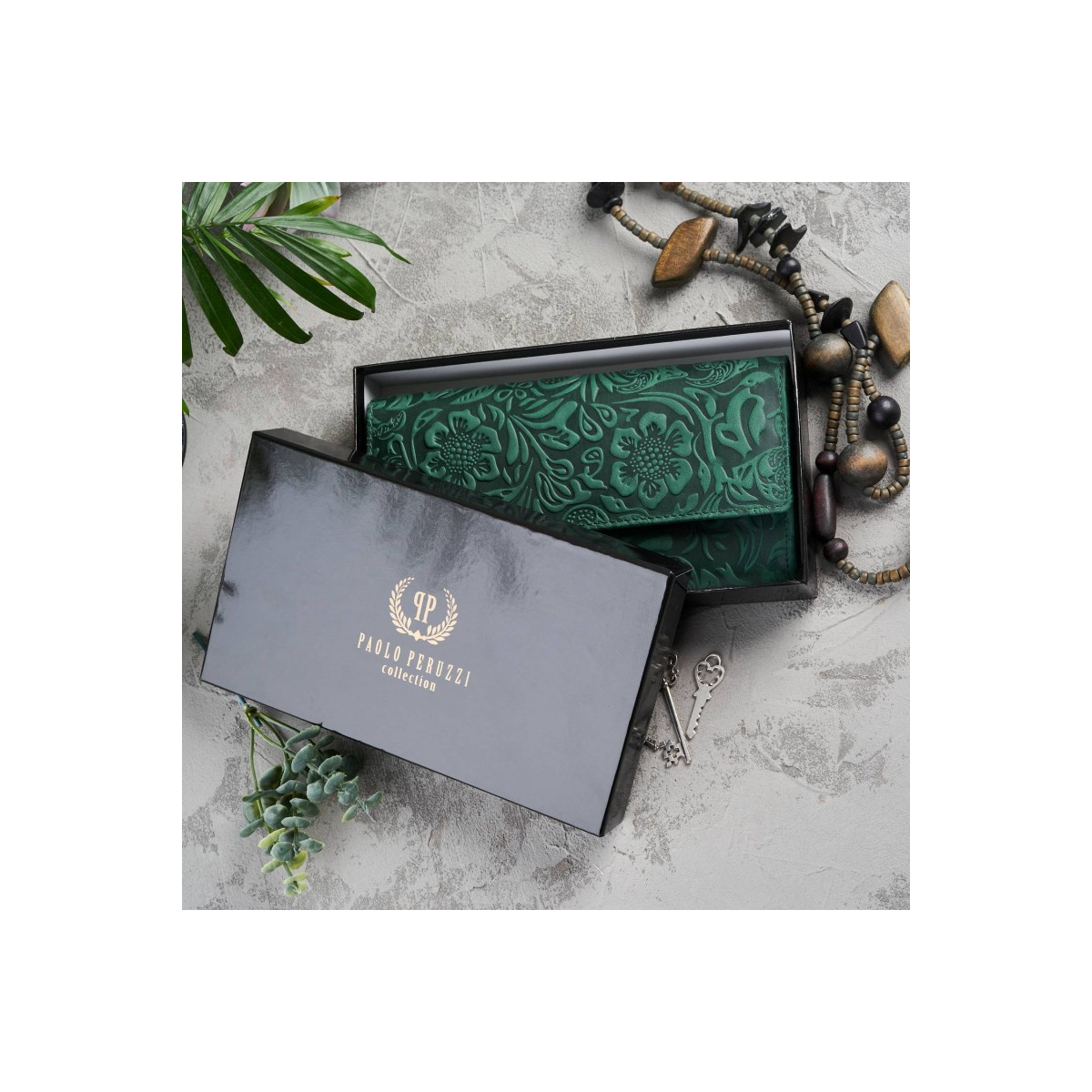 Kožená veľká zelená dámska peňaženka Paolo Peruzzi VINTAGE FLOWERS