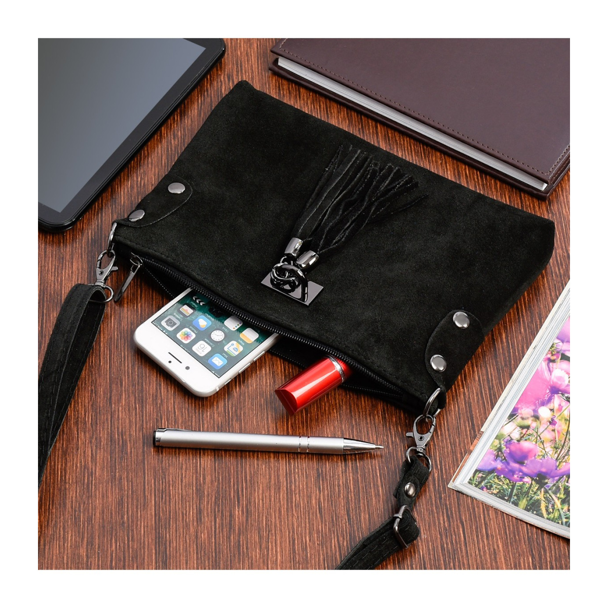 Dámska kožená semišová čierna kabelka Borse in pelle "ZORA"