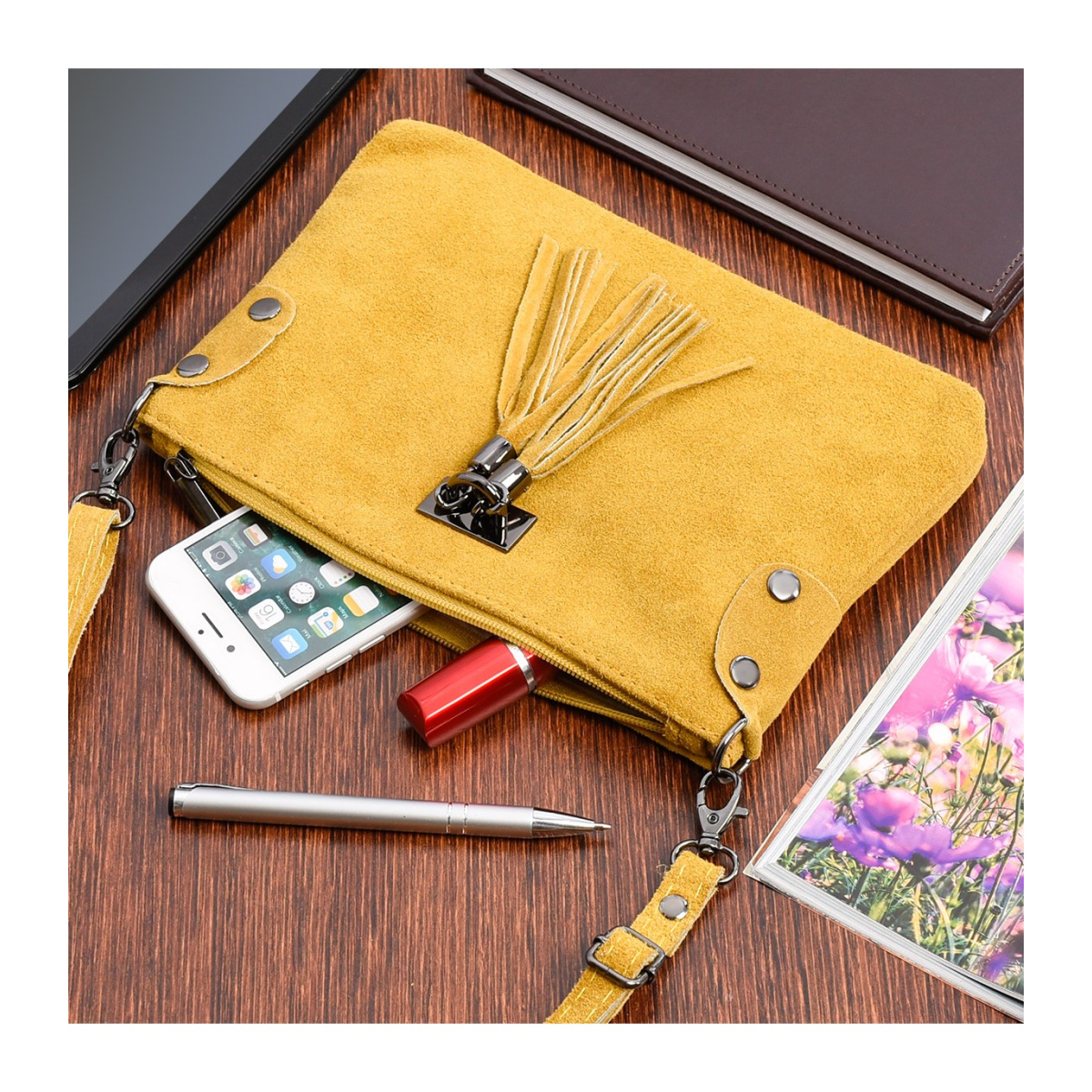 Dámska kožená semišová horčicová kabelka Borse in pelle "ZORA"