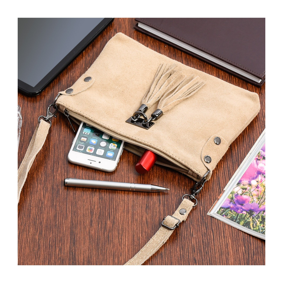 Dámska kožená semišová béžová kabelka Borse in pelle "ZORA"