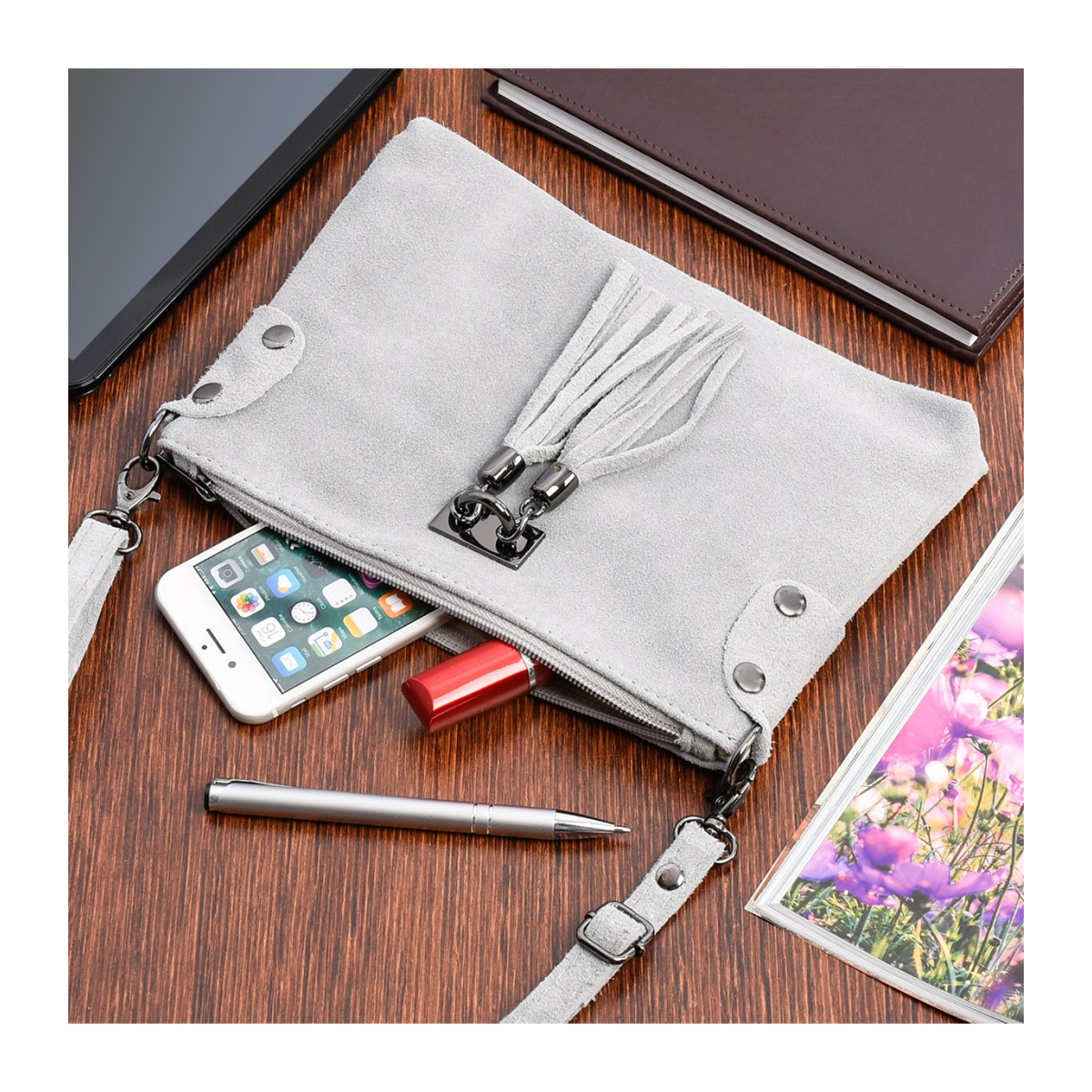 Dámska kožená semišová svetlošedá kabelka Borse in pelle "ZORA"