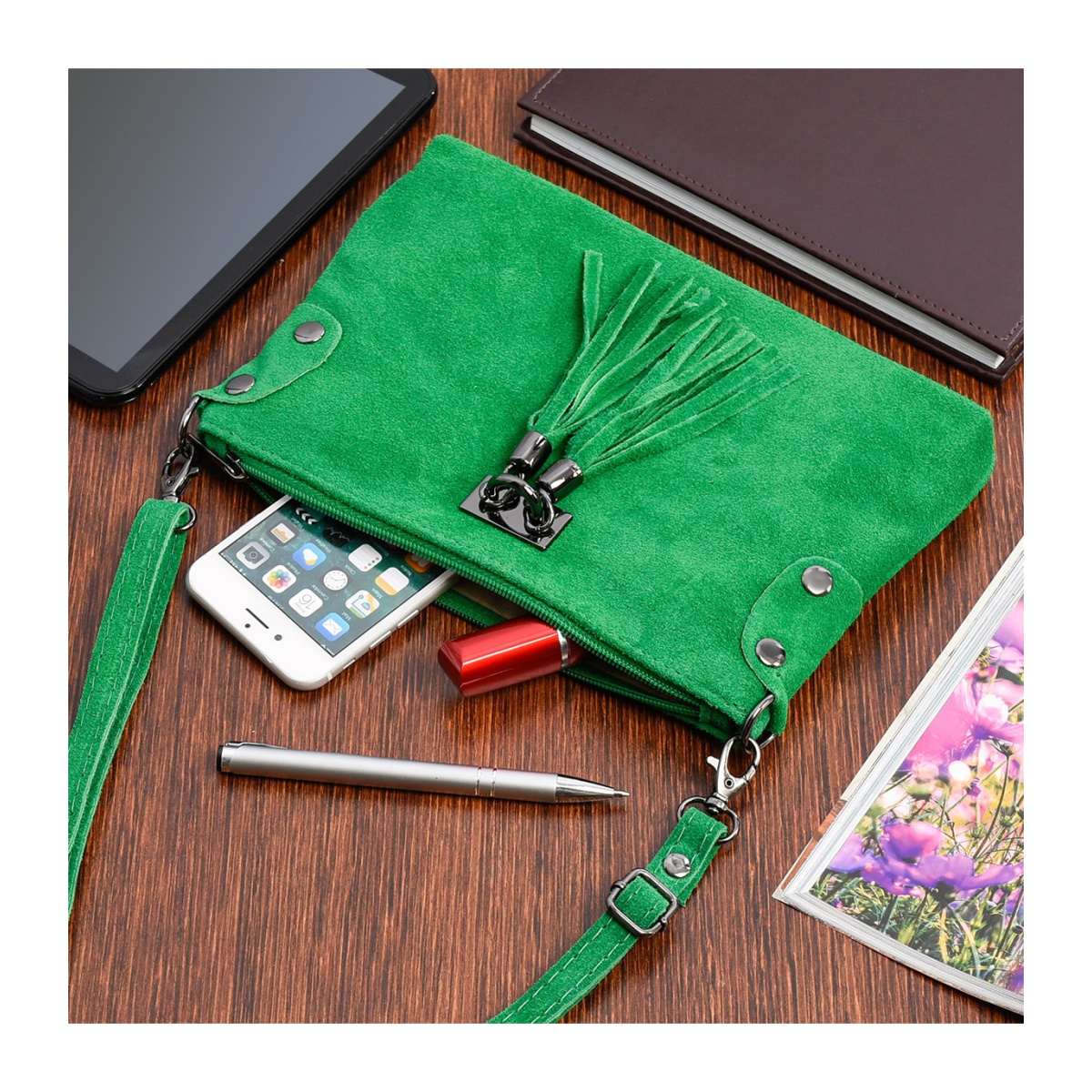 Dámska kožená semišová zelená kabelka Borse in pelle "ZORA"