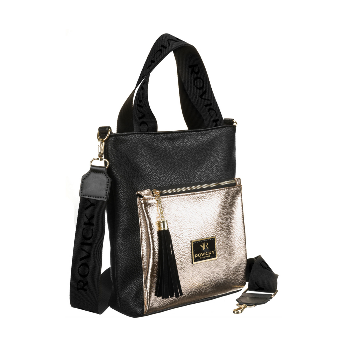 Dámska čierno-zlatá kabelka do ruky, na rameno, cez plece, cez telo (crossbody)