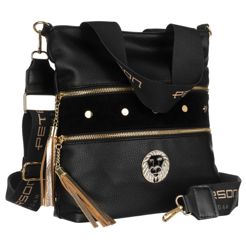 Dámska čierna kabelka do ruky, na rameno, cez plece, cez telo (crossbody), so zlatými detailmi
