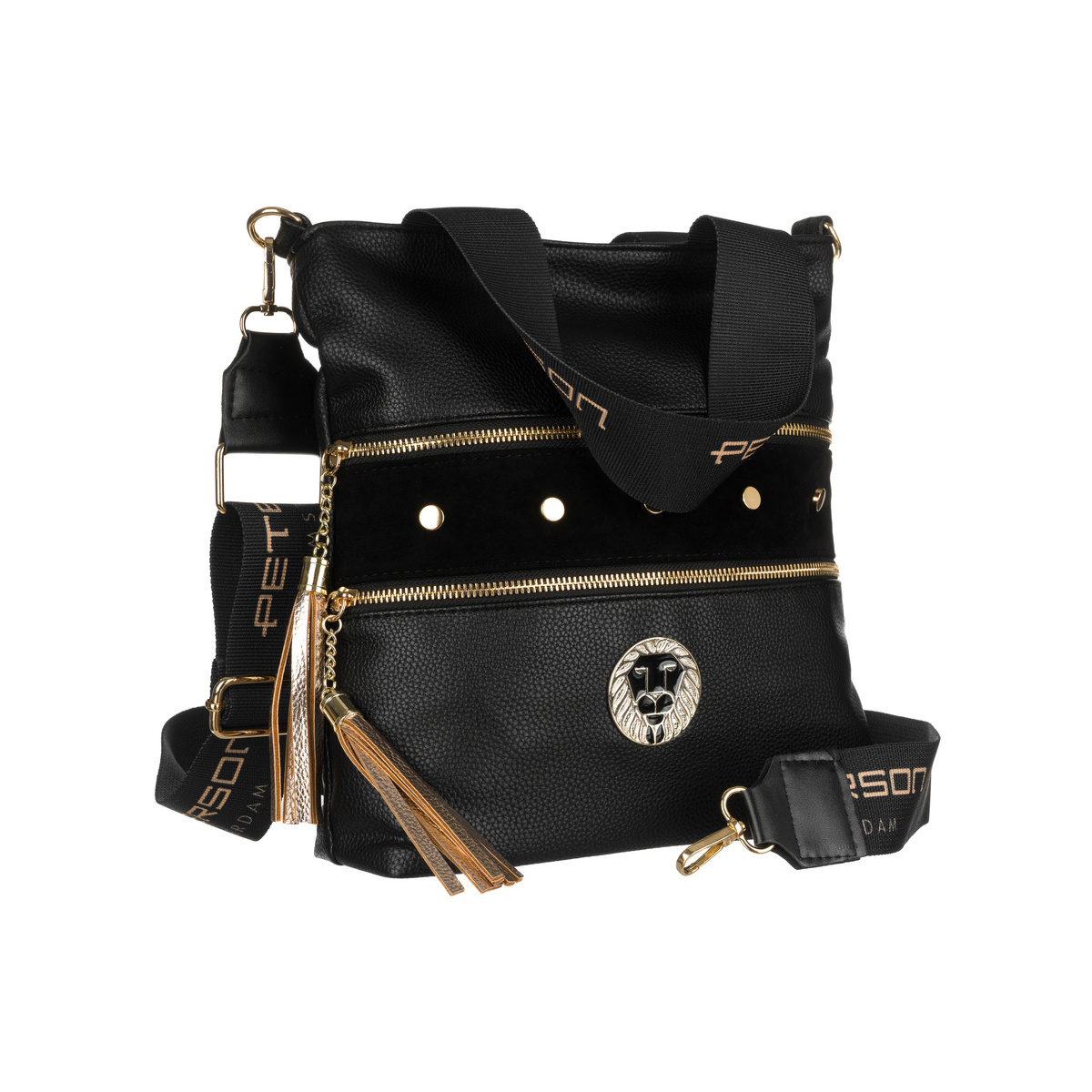 Dámska čierna kabelka do ruky, na rameno, cez plece, cez telo (crossbody), so zlatými detailmi