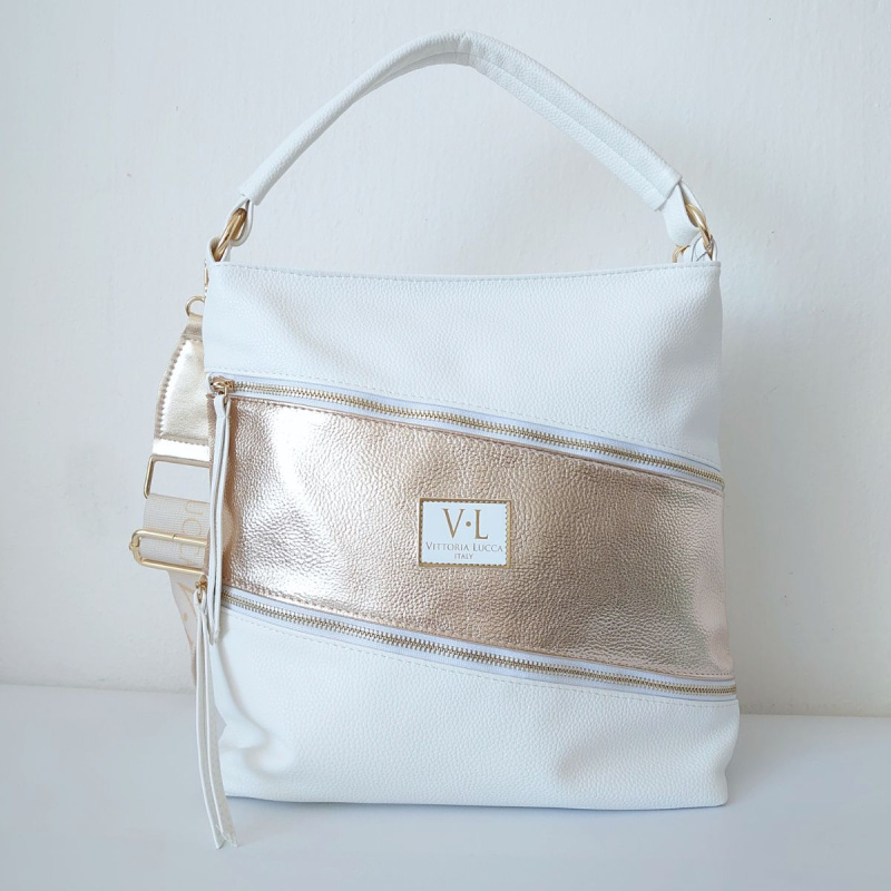 Dámska biela veľká kabelka na rameno so zlatým pásom. Cez telo, crossbody, cez plece.