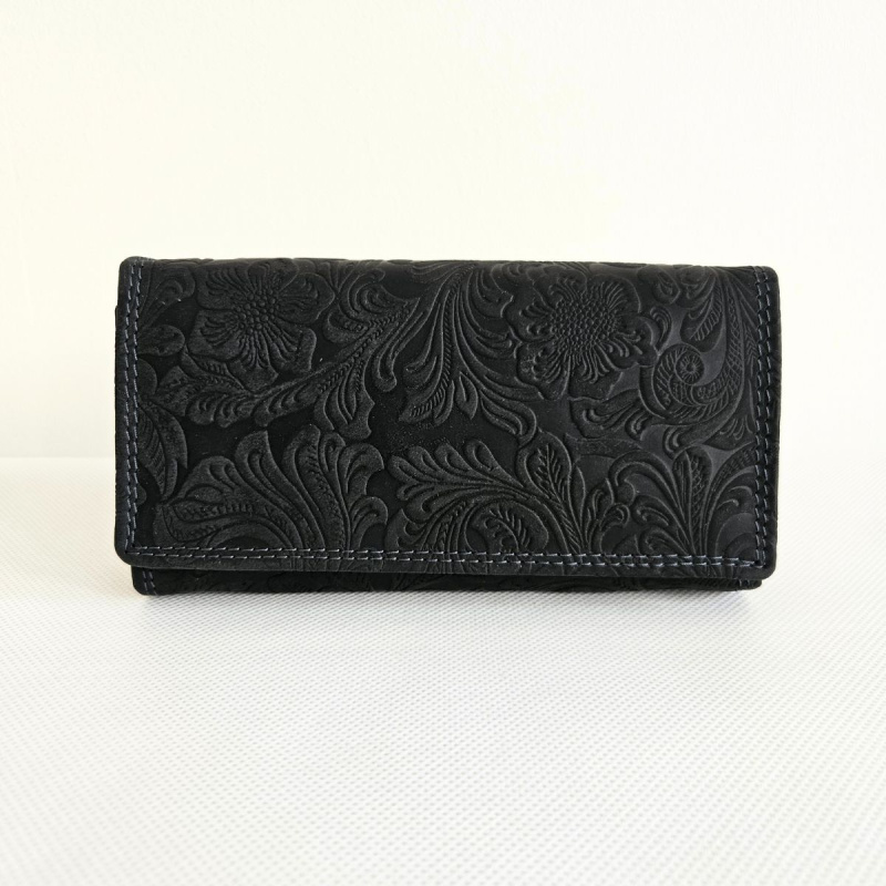Dámska kožená čierna veľká peňaženka na patent (cvok) s kvetinovým vzorom