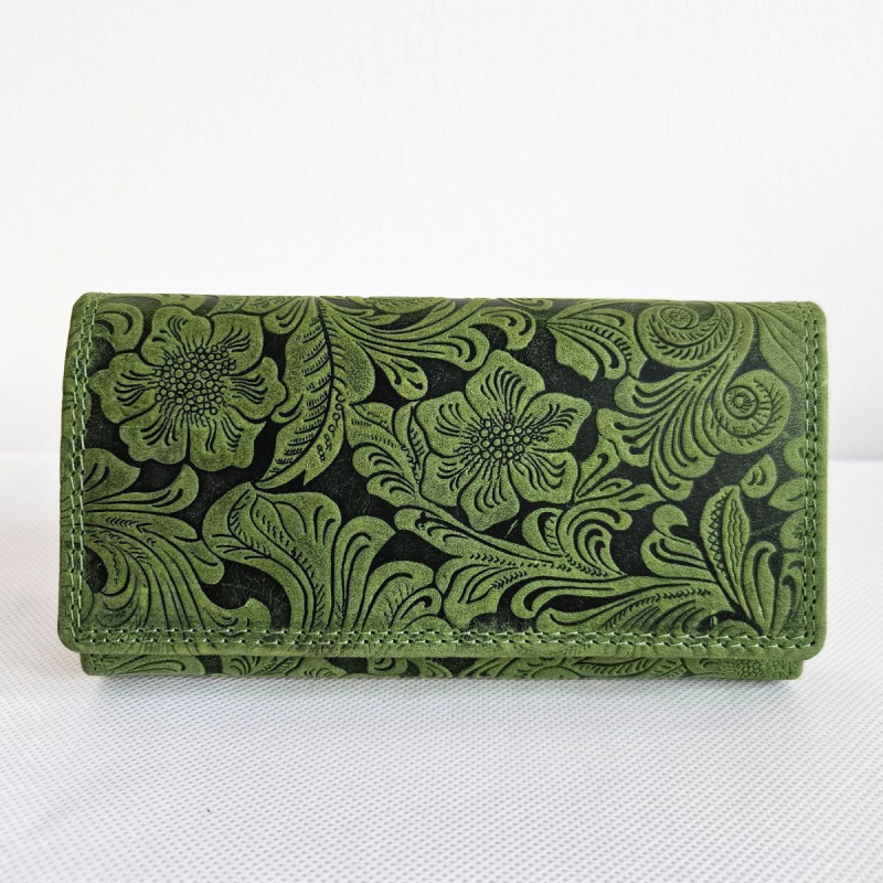 Dámska kožená veľká zelená peňaženka na patent, s kvetinovým, rastlinným motívom