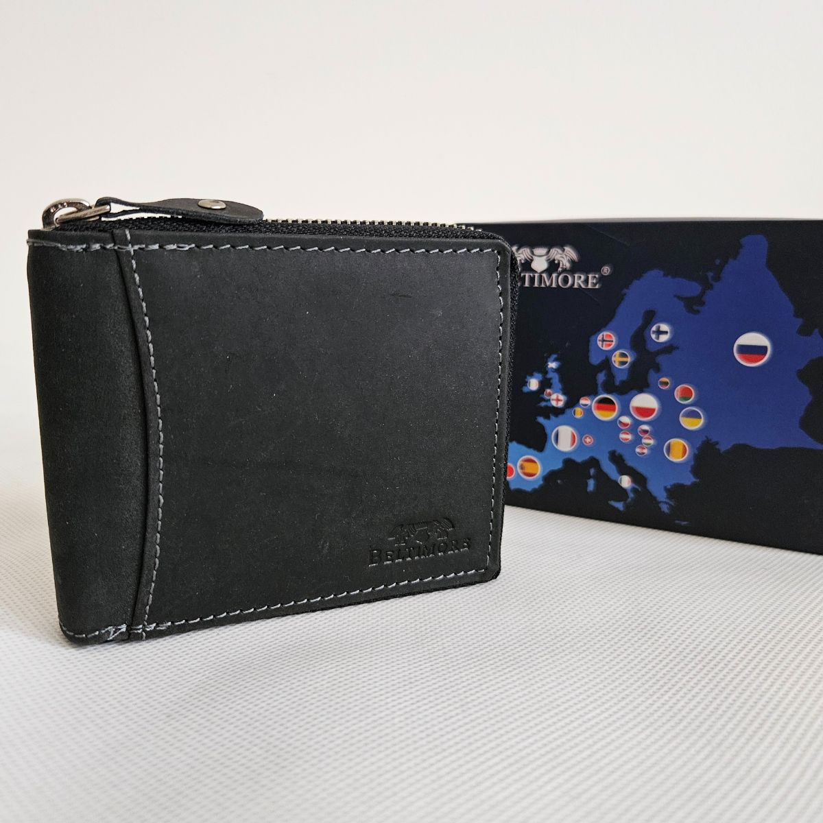 Pánska čierna kožená peňaženka na zips ANSEN