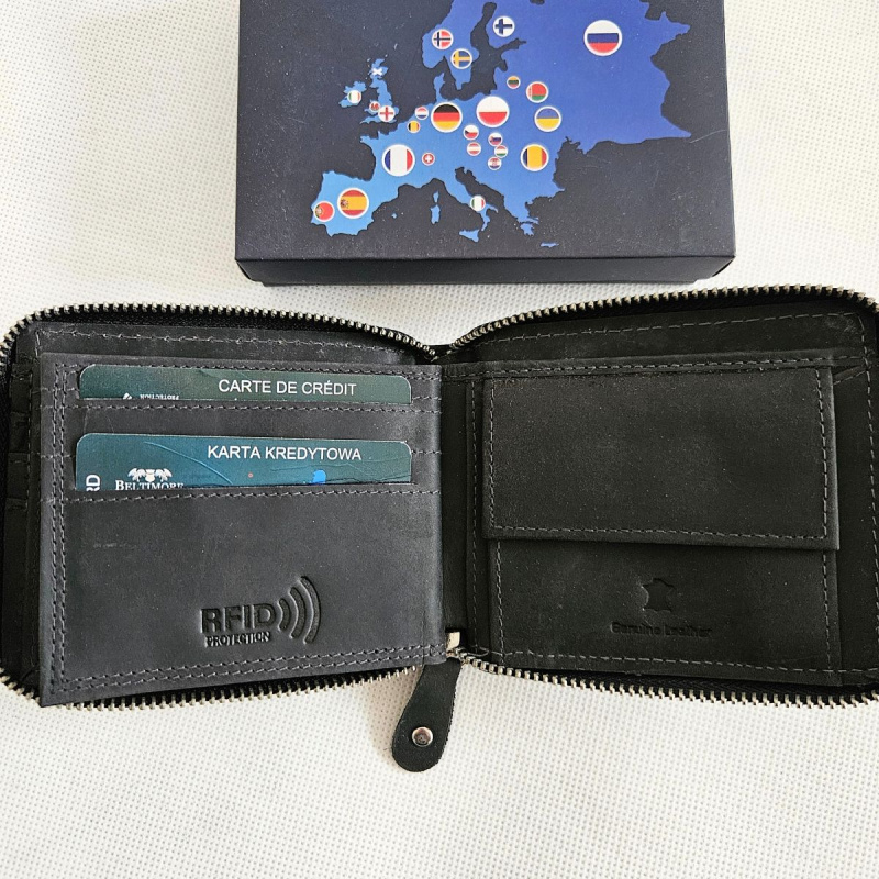 Pánska čierna kožená peňaženka na zips ANSEN