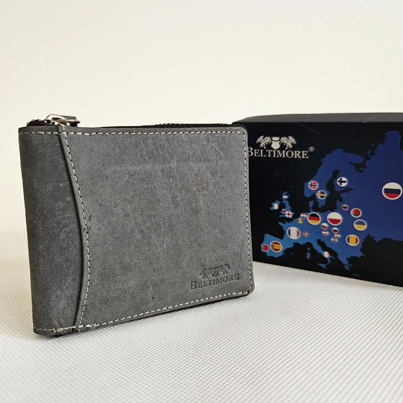 Pánska šedá kožená peňaženka na zips NOLAN