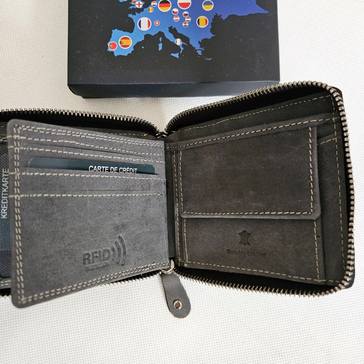 Pánska šedá kožená peňaženka na zips NOLAN