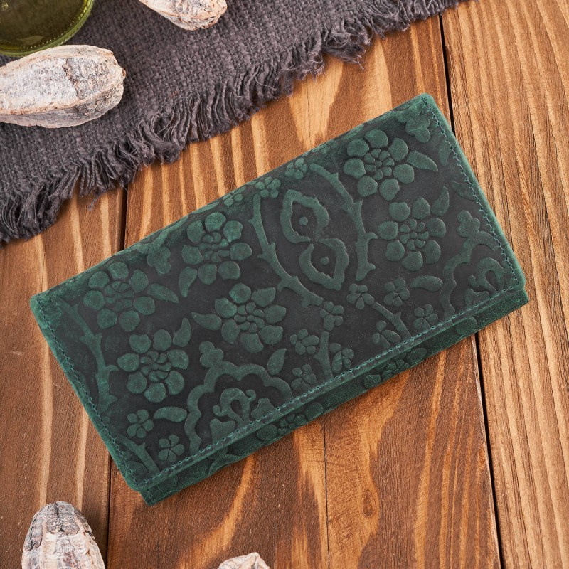 Dámska kožená zelená veľká peňaženka s kvetinovým vzorom